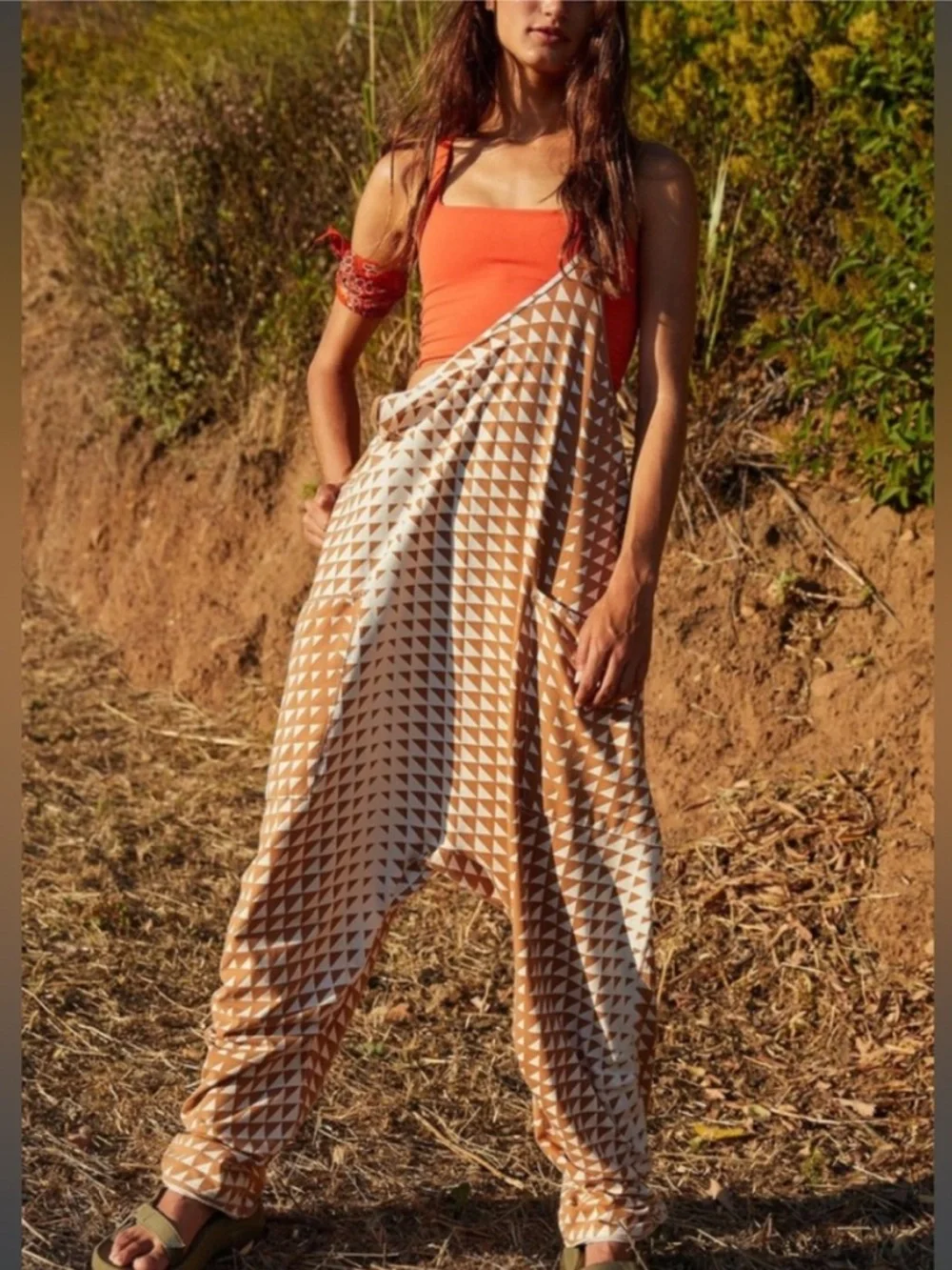 FP Movement by Free People hot shot printed onesie in geometric tan size XL - Picture 2 of 5